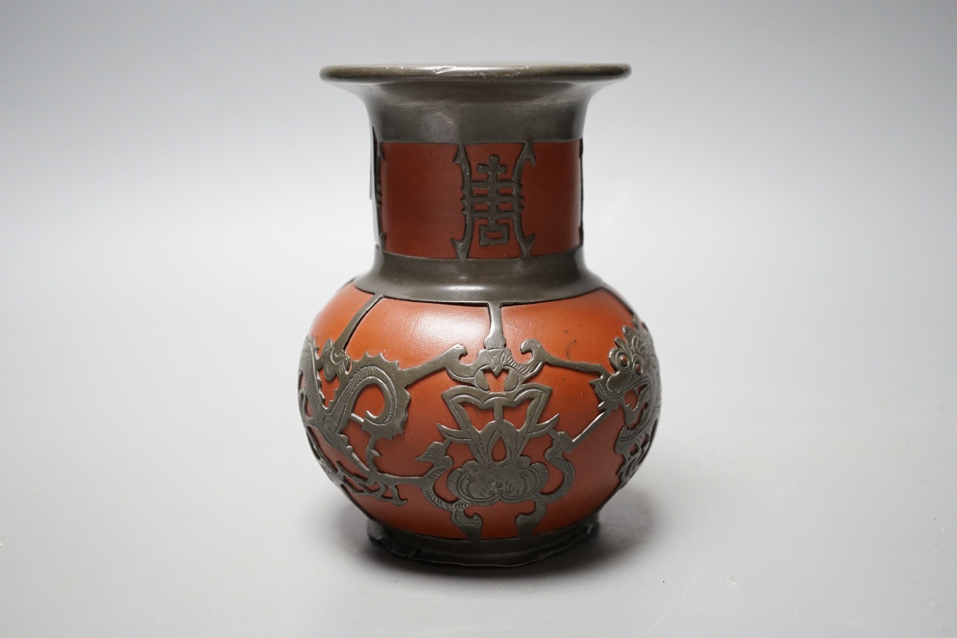 A Chinese pewter mounted red ware vase, 1920's, 13cm